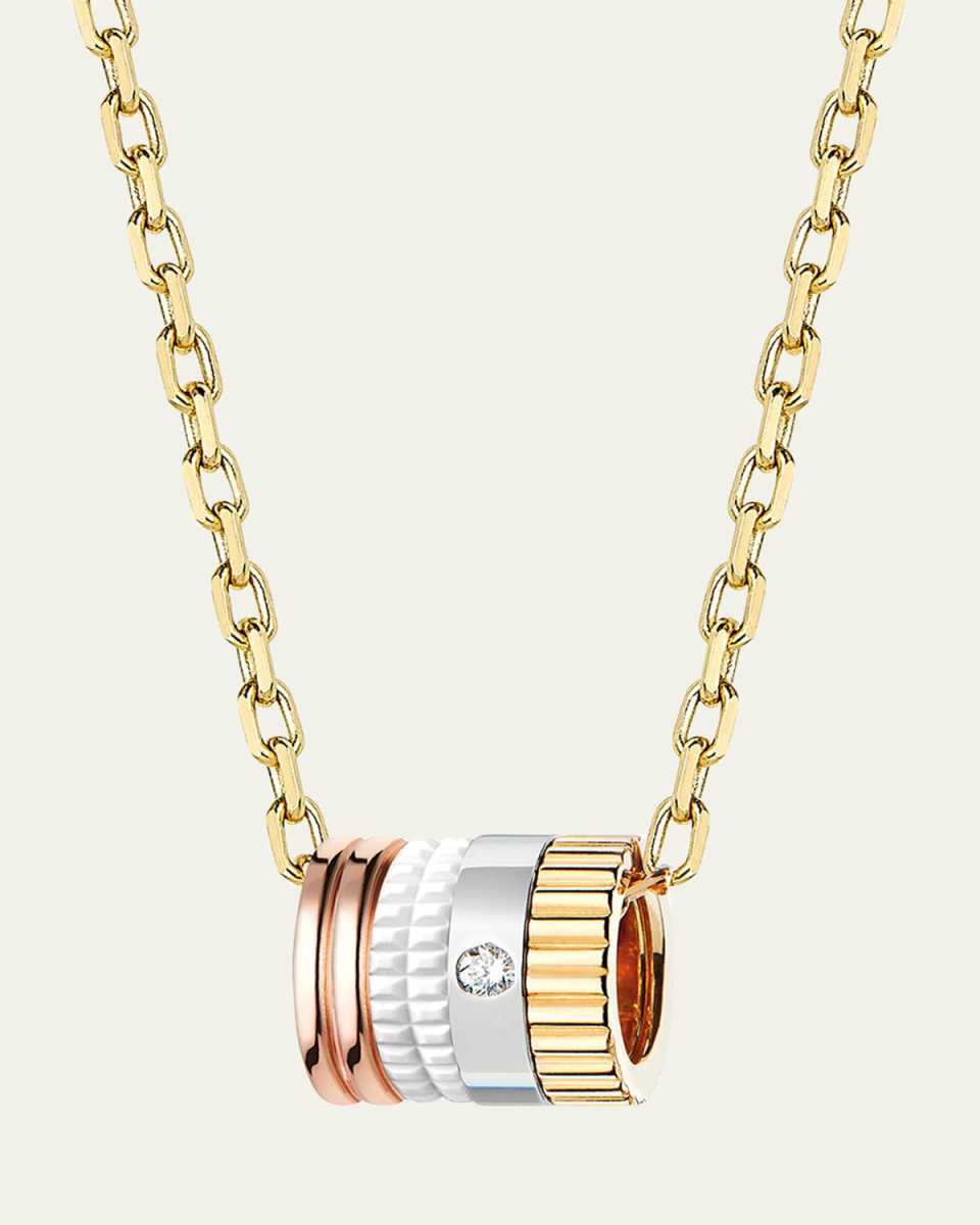 Quatre 18K Tricolor Gold White Ceramic Pendant Necklace with Single Diamond